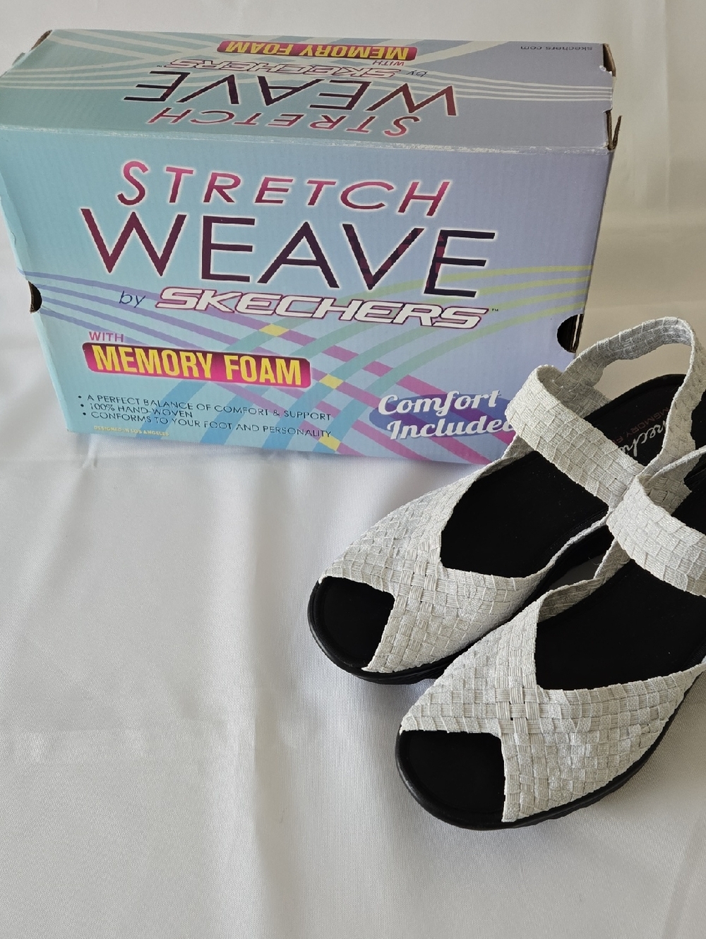 Skechers Shimmer‑Weave Memory Foam Slingback Sandals White Women’s 8M